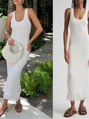 NWT A.L.C. Clementine Boucle Knit Natural White Marl Fringe Midi Dress Size XS